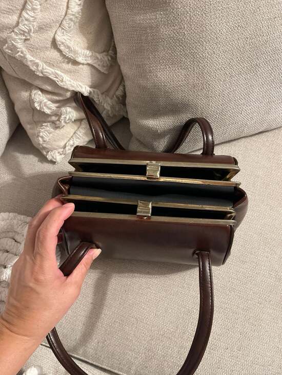 Vintage 1950s Ackery Brown Leather Triple Compartment Frame Handbag - Picture 6 of 9